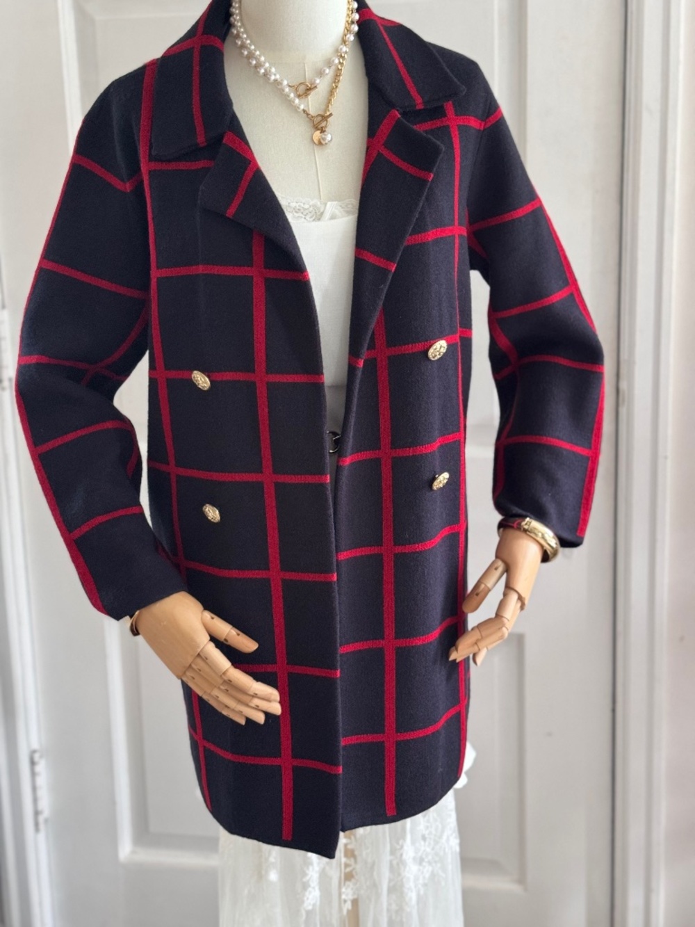 Red Plaid Windowpane Longline Double-Breasted Jacket Coat
